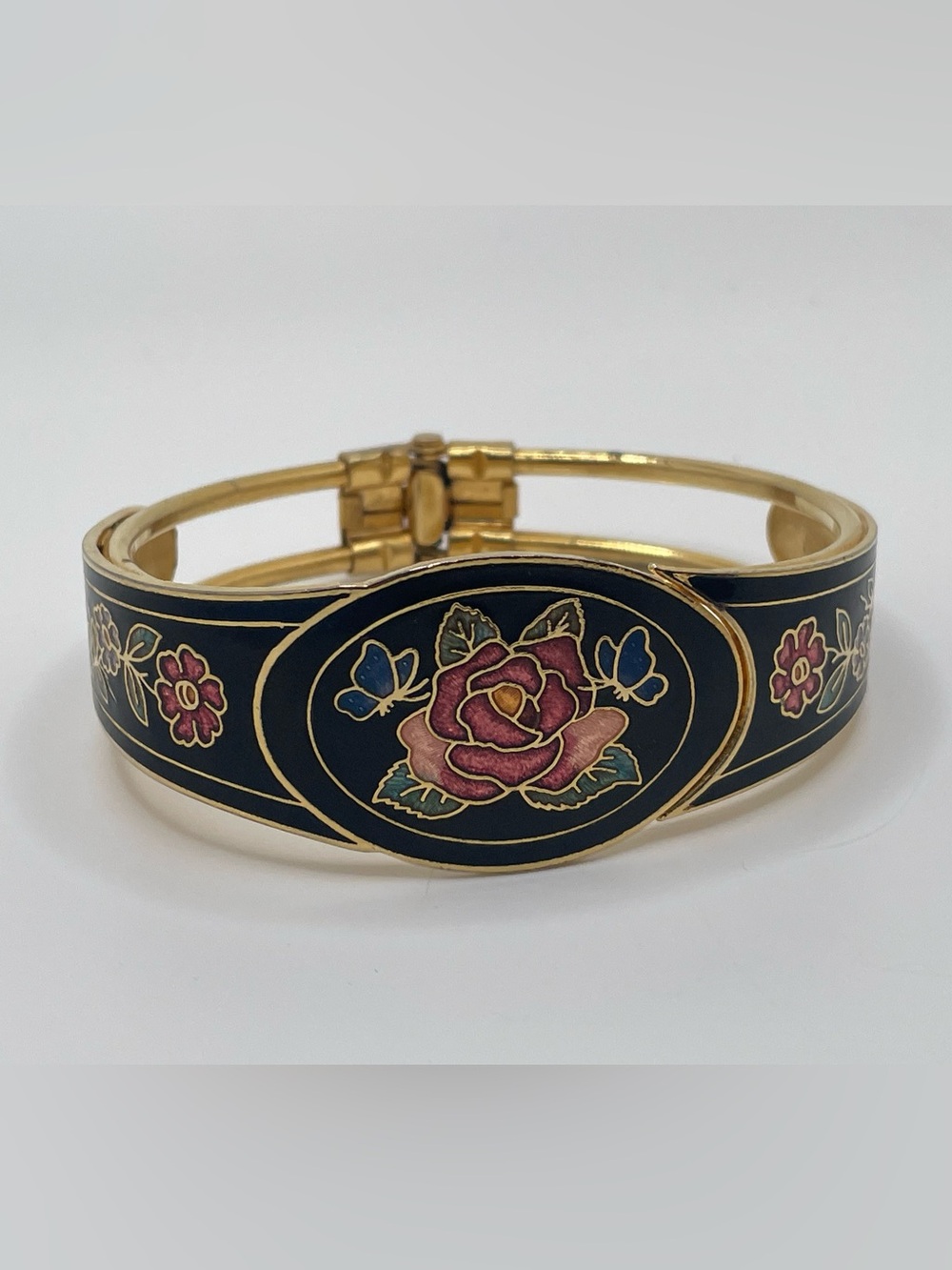 Vintage Cloisonne Enamel Hinged Bangle Bracelet Black Rose Floral Gold Tone